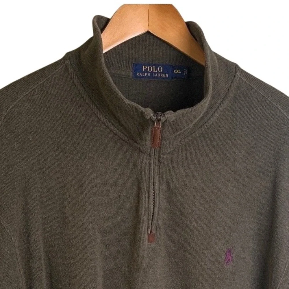 Polo Ralph Lauren 1/4 Zip Khaki Green Long‎ Sleeve Purple Pony Sweater XXL Men's
